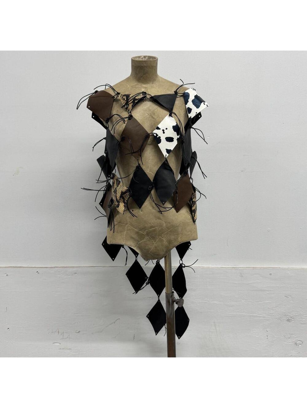 Avant-Garde Harlequin Patchwork Faux-Leather Linked Body Harness Vest